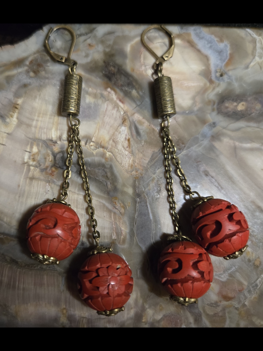 Vintage Carved Cinnabar Earrings
